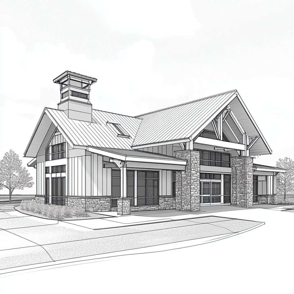 A modern rustic firestation drawing in black and white