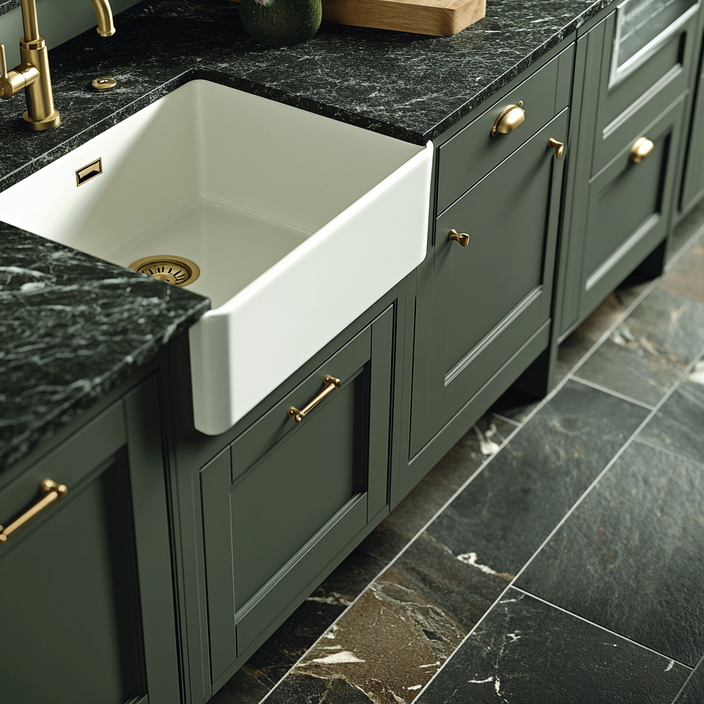 A modern shaker kitchen with vintage brass fittings.