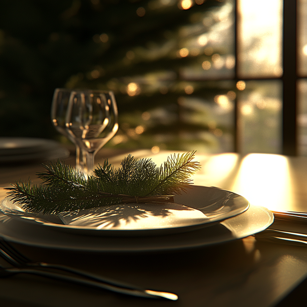 A modern table with fir tree flatware in sunlight