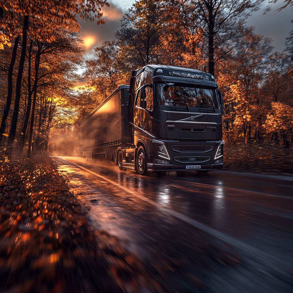 A modern truck drives on forest road at sunset