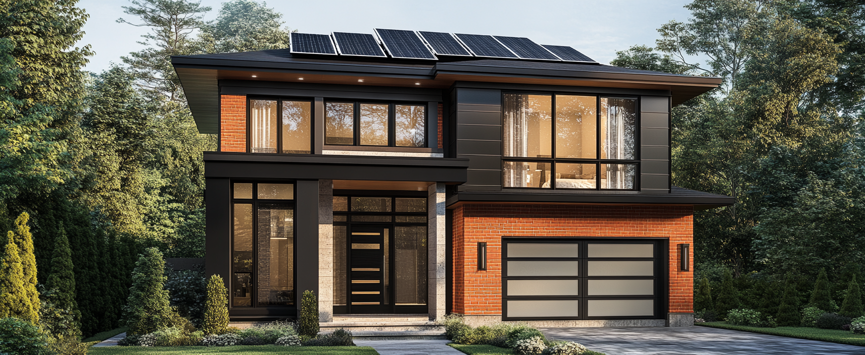 A modern two-story black house with solar panels.