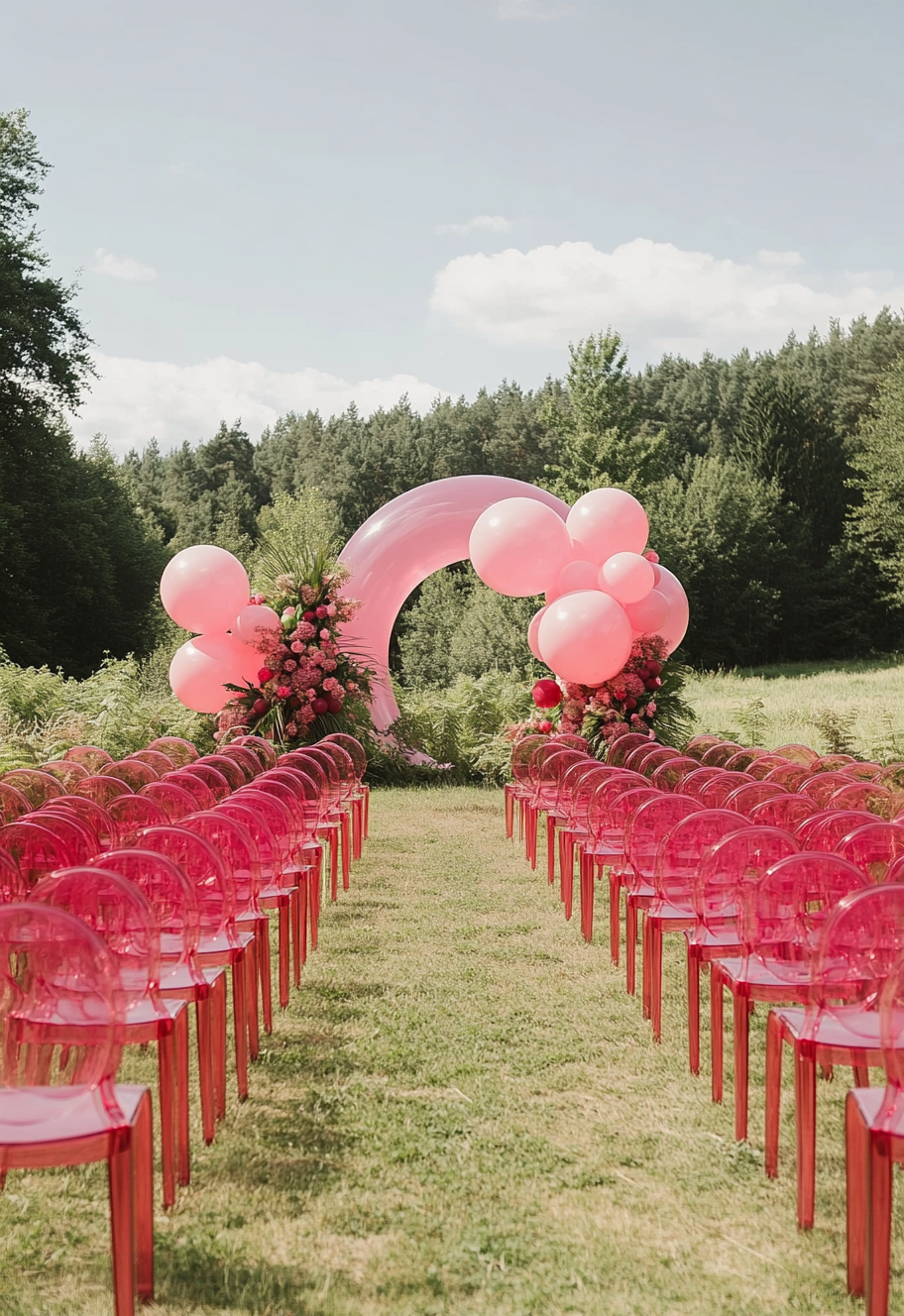 A modern wedding ceremony with pink balloons and ferns