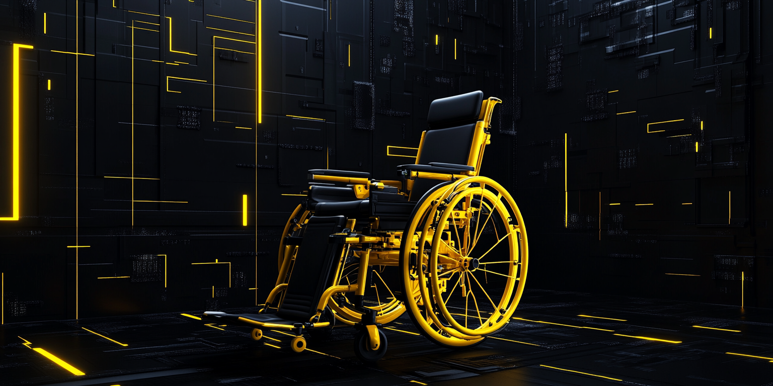 A modern yellow wheelchair on sleek black background.