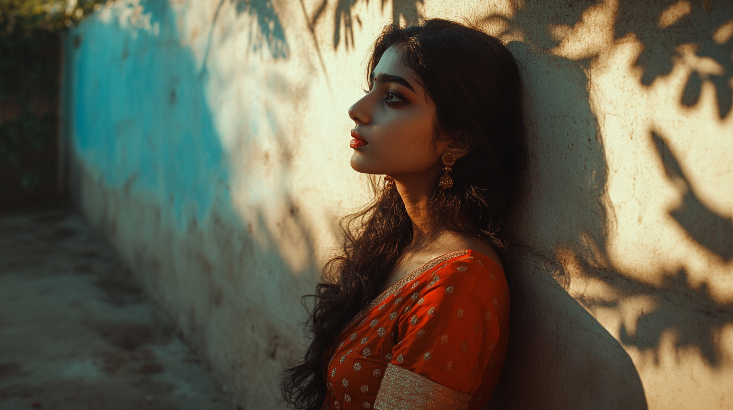 A modern young Indian woman watching in distance