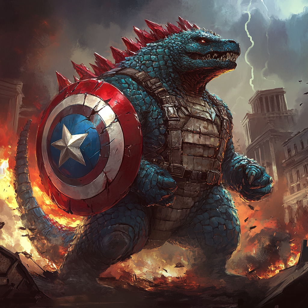 A monstrous mix of Captain America and Godzilla roars.