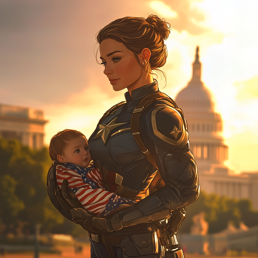 A motherly Captain America holds baby in patriotic blanket.