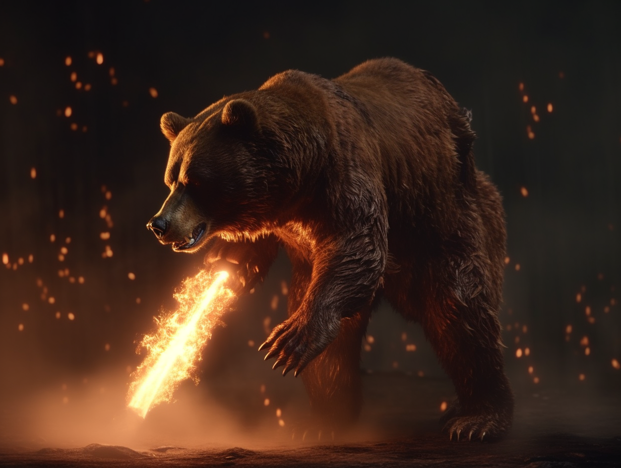 A muscular bear with a flaming spear in 4K.