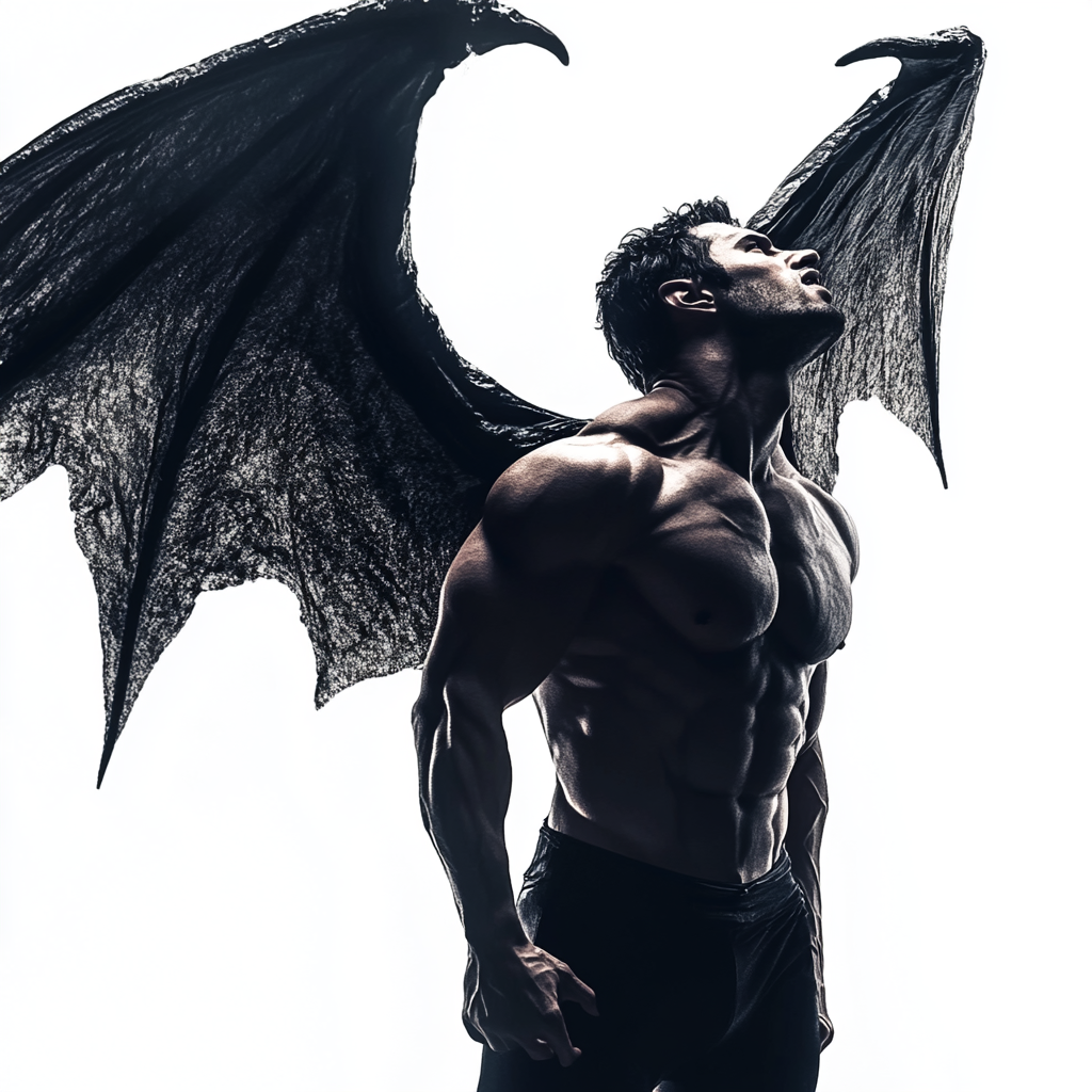 A muscular demon with large wings reaching upwards.