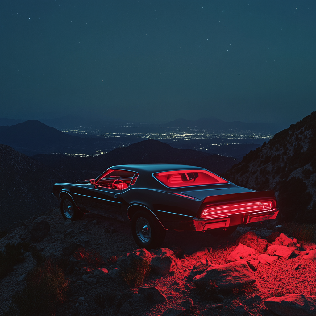 A mysterious 1970s American muscle car on mountain.