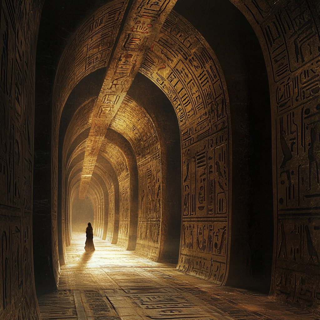 A mysterious Egyptian tunnel with glowing symbols.