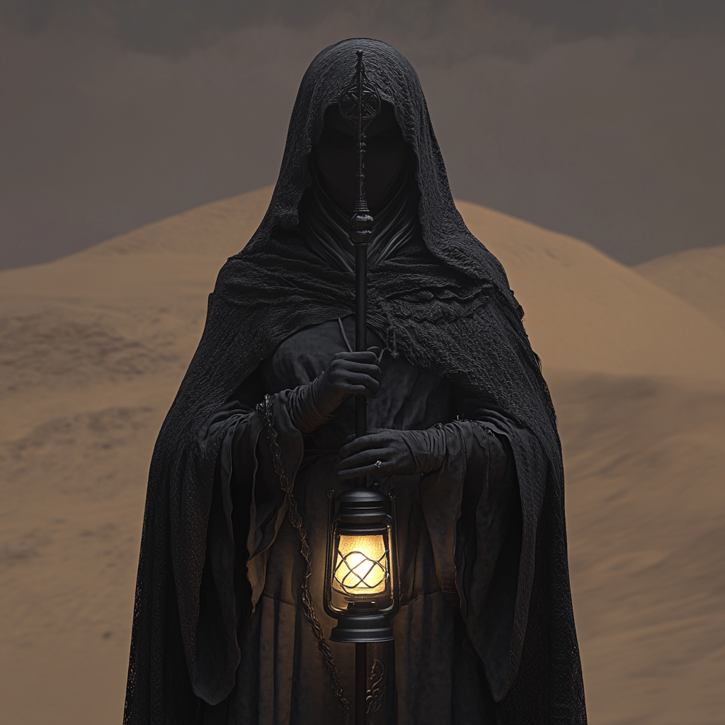 A mysterious female cleric holds lantern in desert.