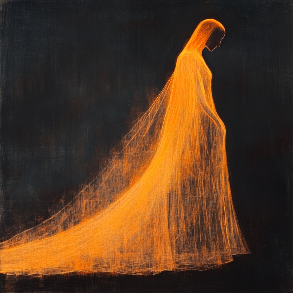 A mysterious figure in glowing orange gown peacefully watches