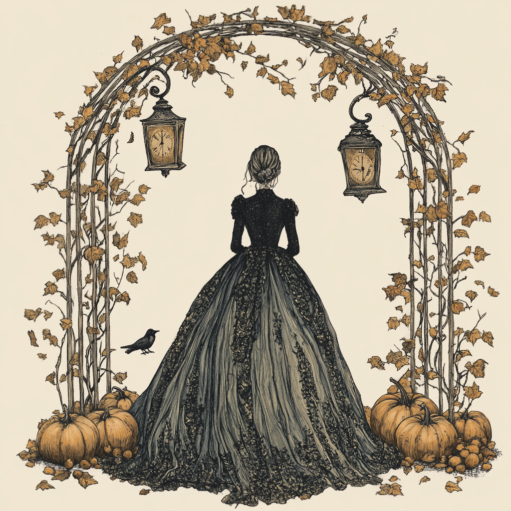 A mysterious figure in ornate gown beneath arched trellis.