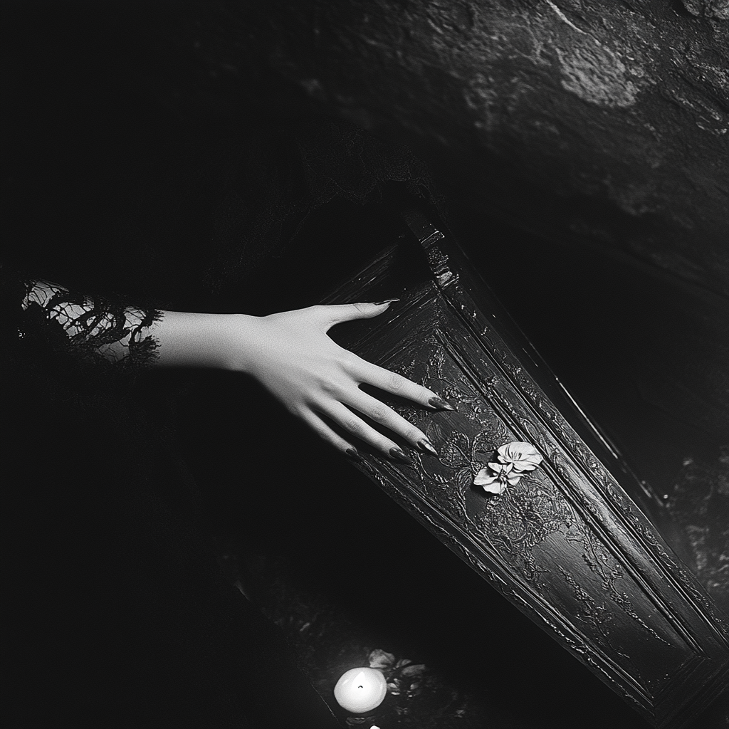 A mysterious hand emerges from vintage coffin.