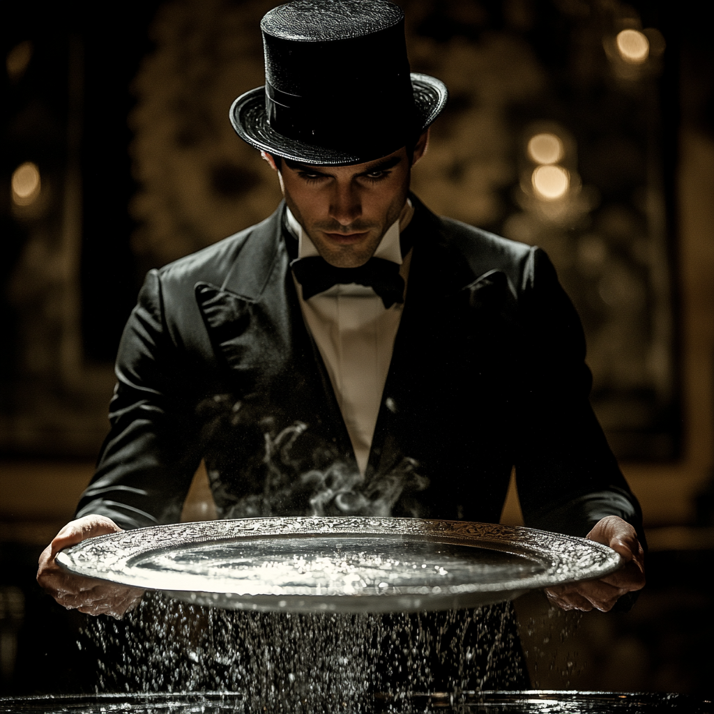 A mysterious illusionist performs magic tricks, surprises audience