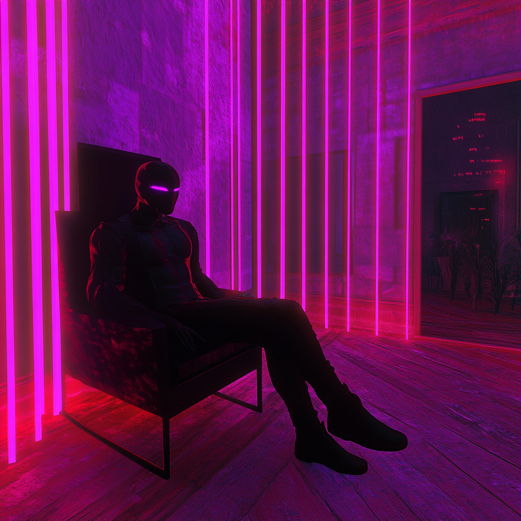 A mysterious man in a room with colorful lights.