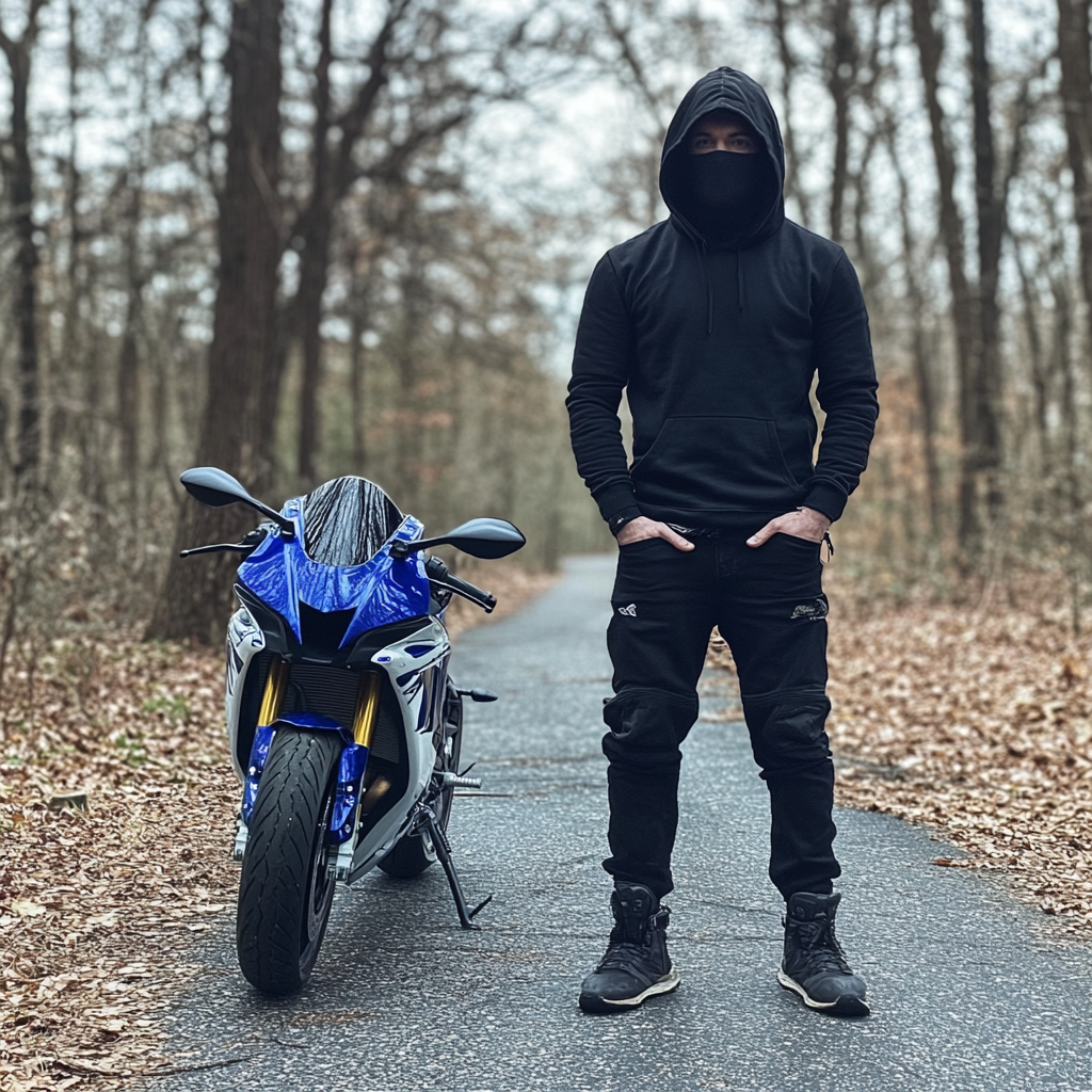 A mysterious man with black outfit and motorcycle