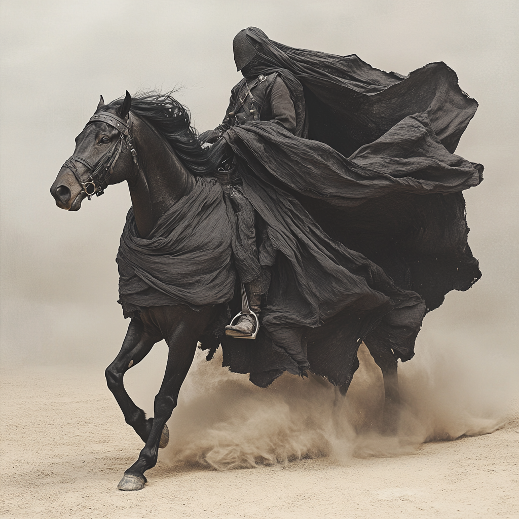 A mysterious rider on black horse galloping forward.