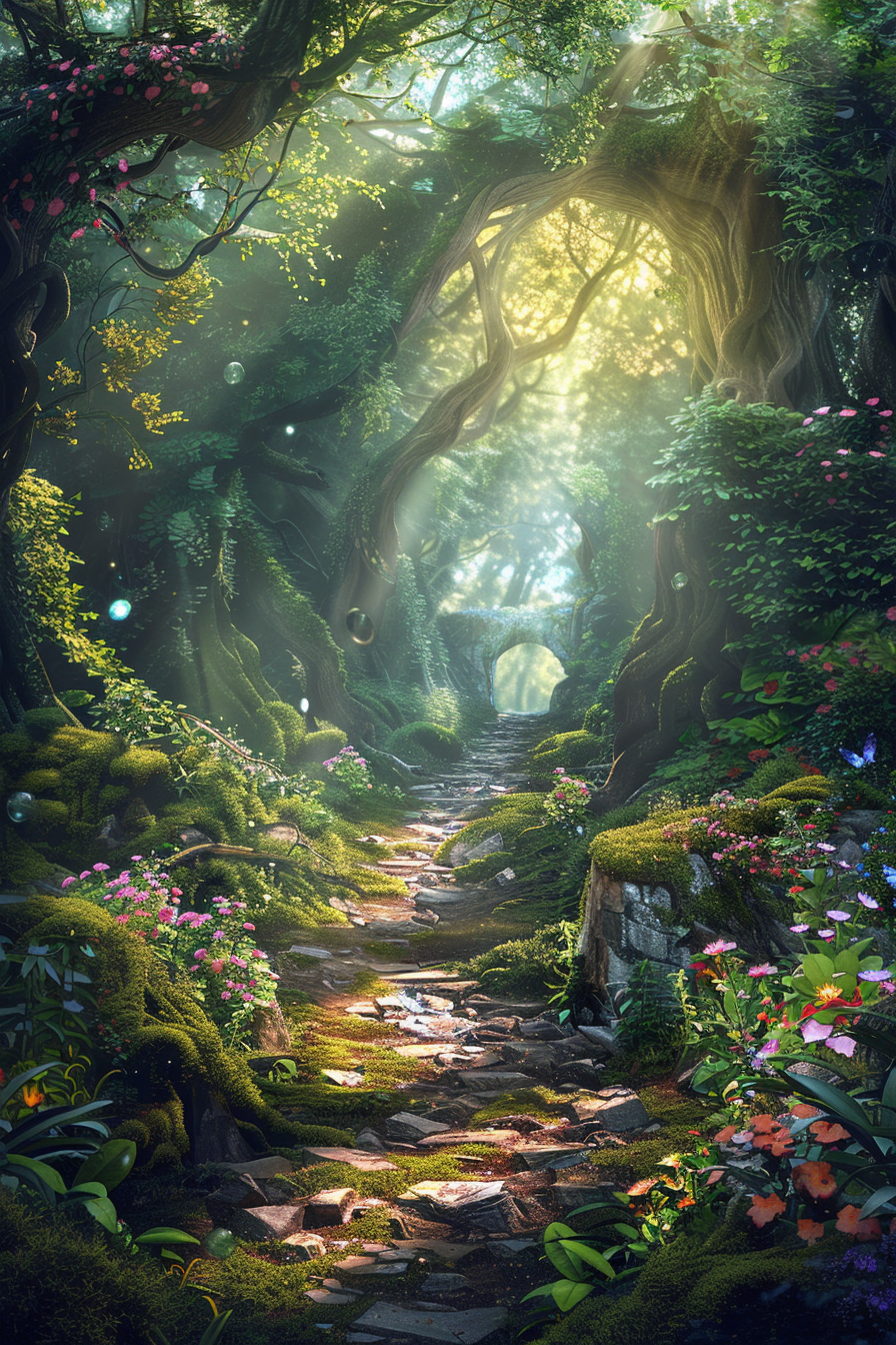 A mystical forest with ancient trees, fairies, and orbs.