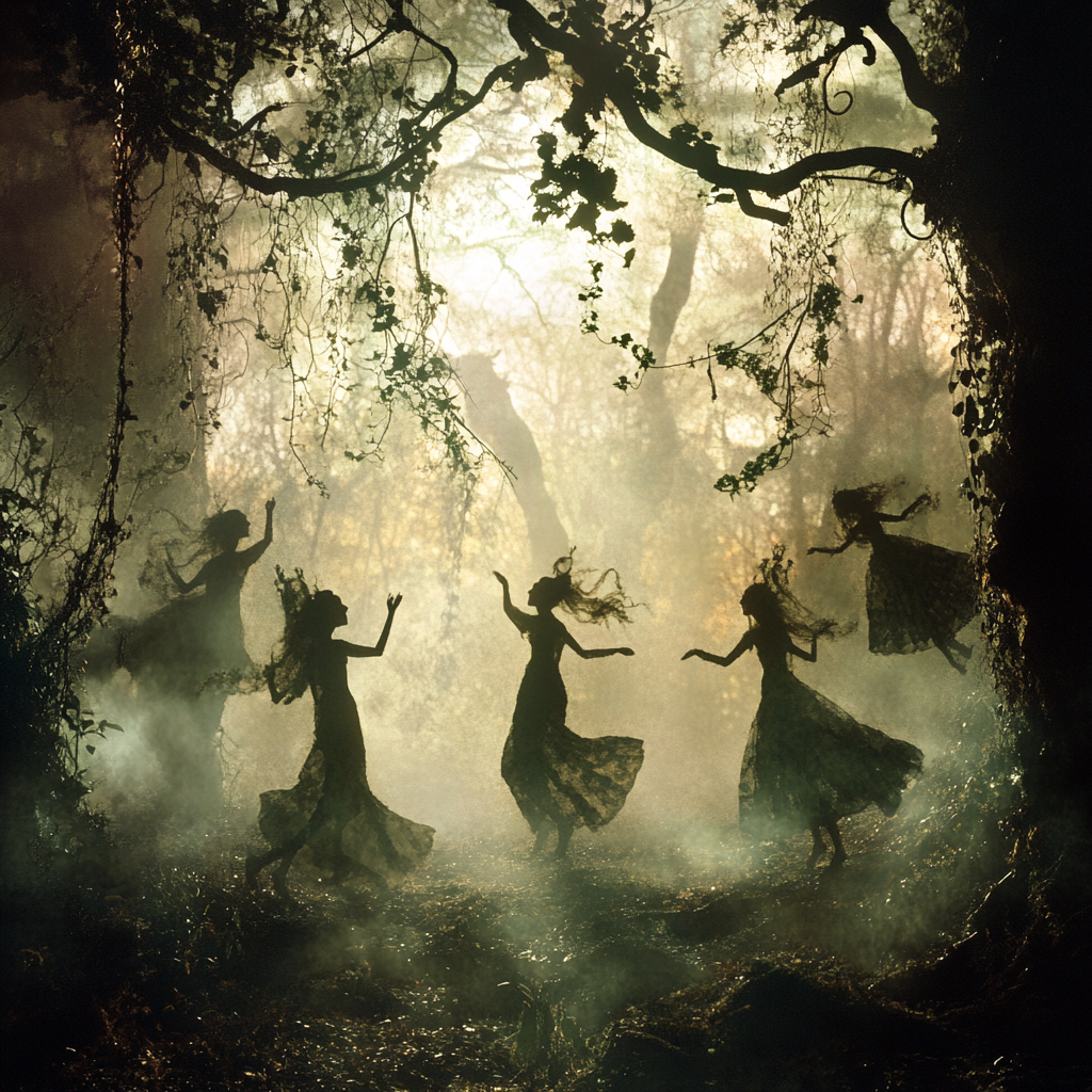 A mystical garden with dancing faeries and creatures.