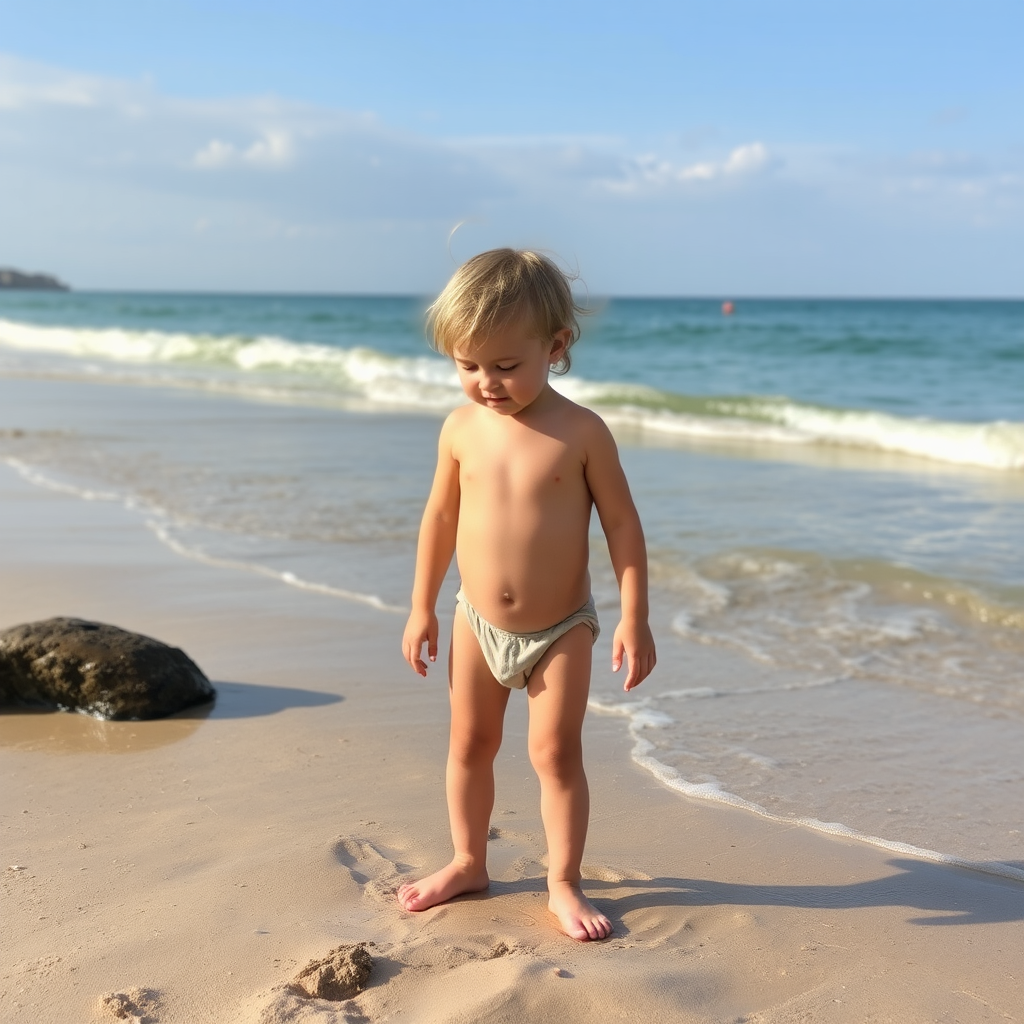 A naked child playing in the sand.