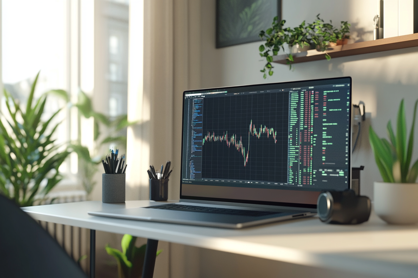 A neat desk with laptop showing investment charts