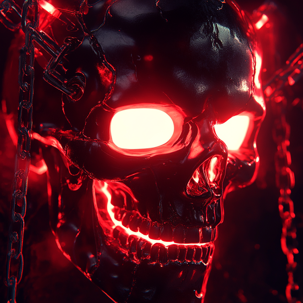 A neon glass cyberpunk skull with glowing eyes.