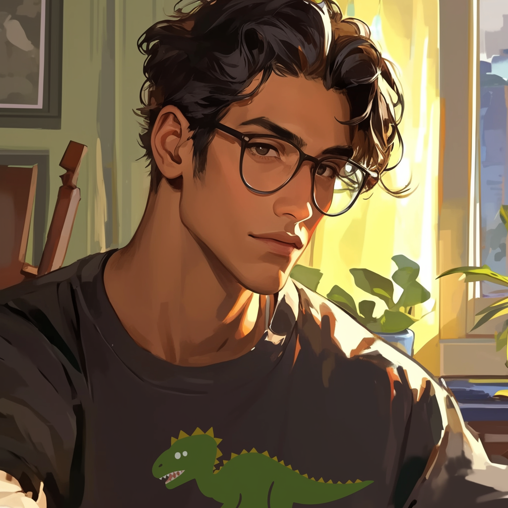 A nerdy young man in dinosaur-themed room.