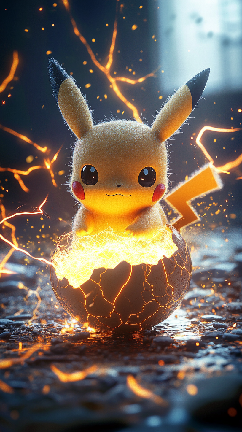 A newborn Pichu with electric sparks in dramatic lighting.