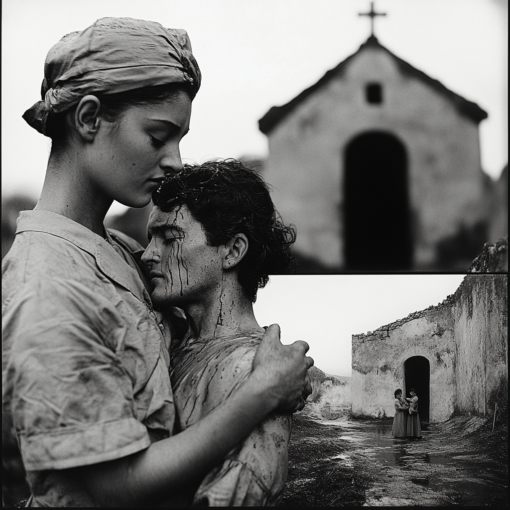 A nurse holding dying man in front chapel