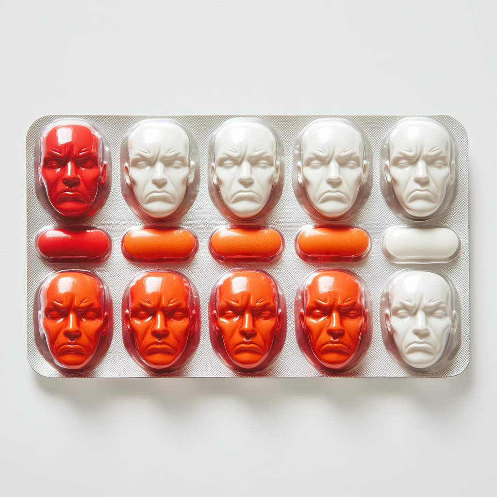 A pack of pills with human faces showing emotions.