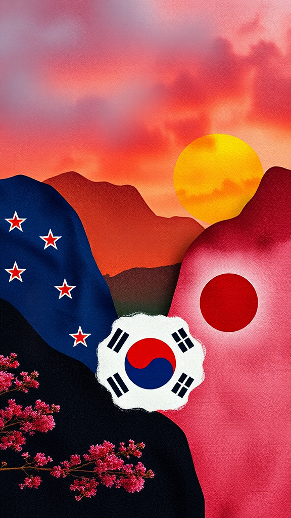 A painting of Samoan, New Zealand, and Korea.