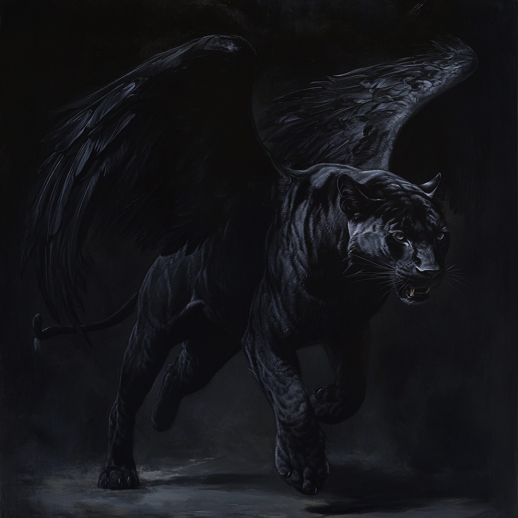 A painting of a panther with black wings.