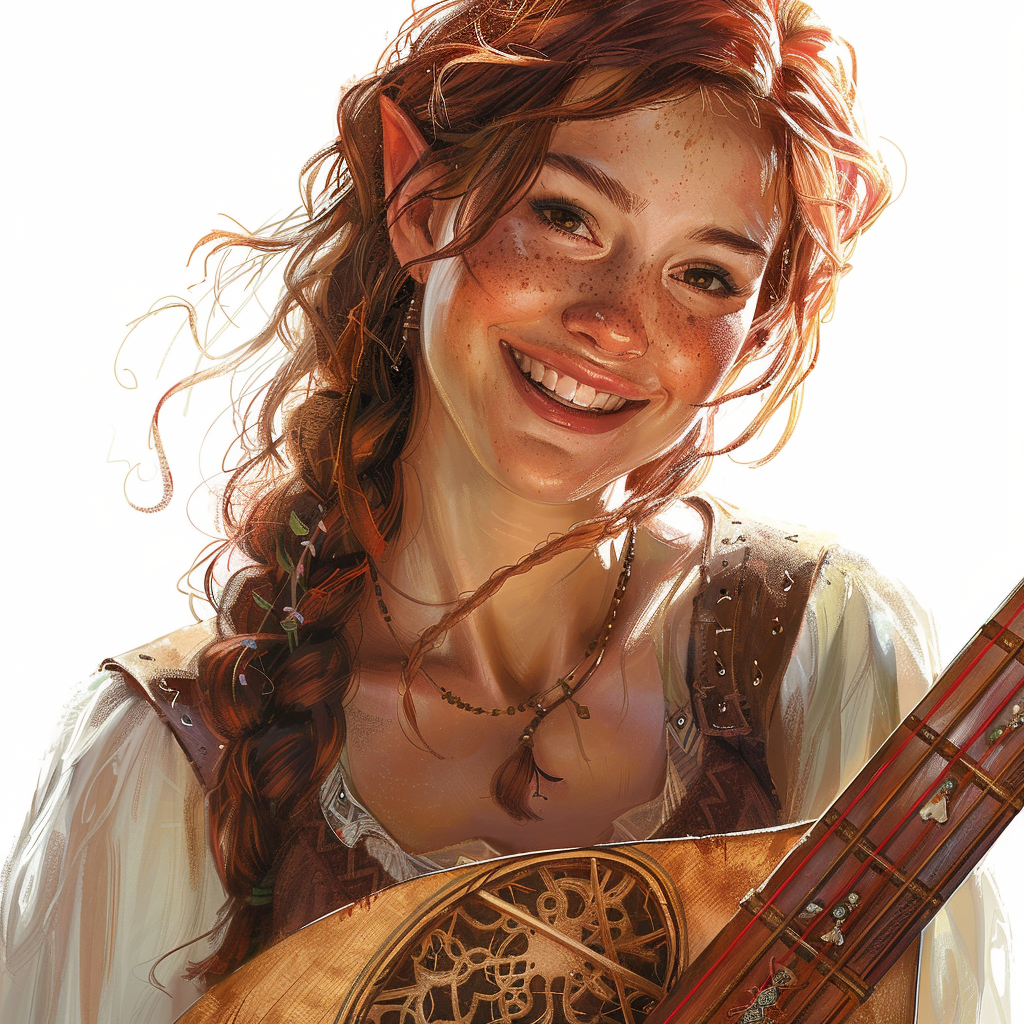 A painting of a smiling half-elf with lute