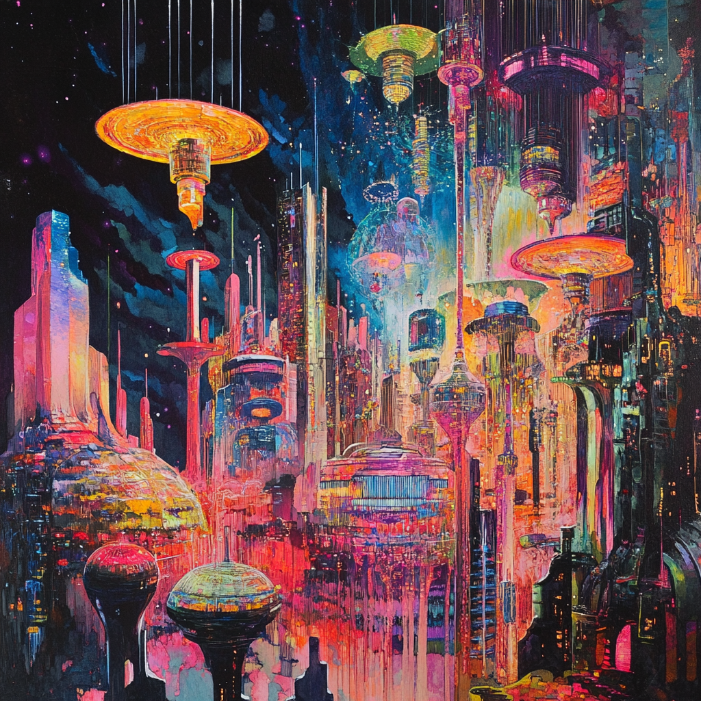 A painting of colorful, futuristic city by inter-dimensional beings.