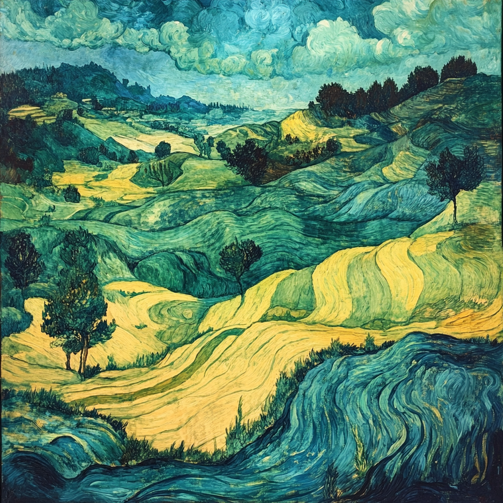 A painting of lush land in Van Gogh style