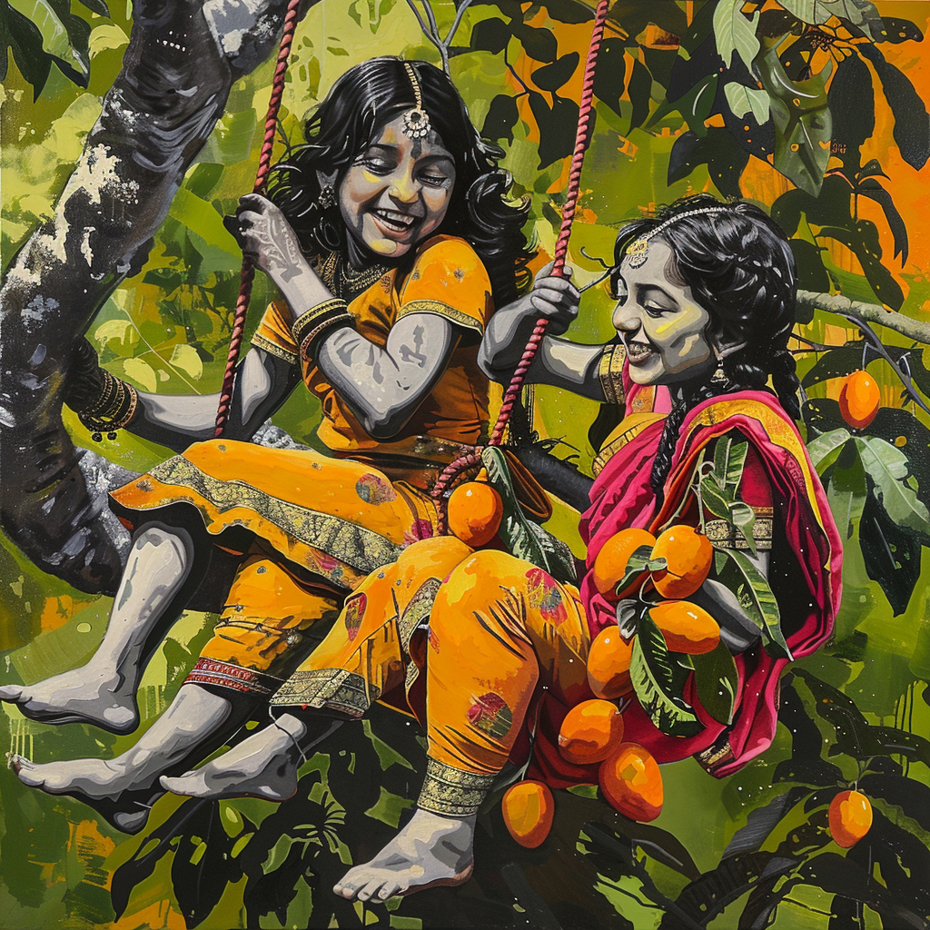 A painting of two giggling Indian girls swinging