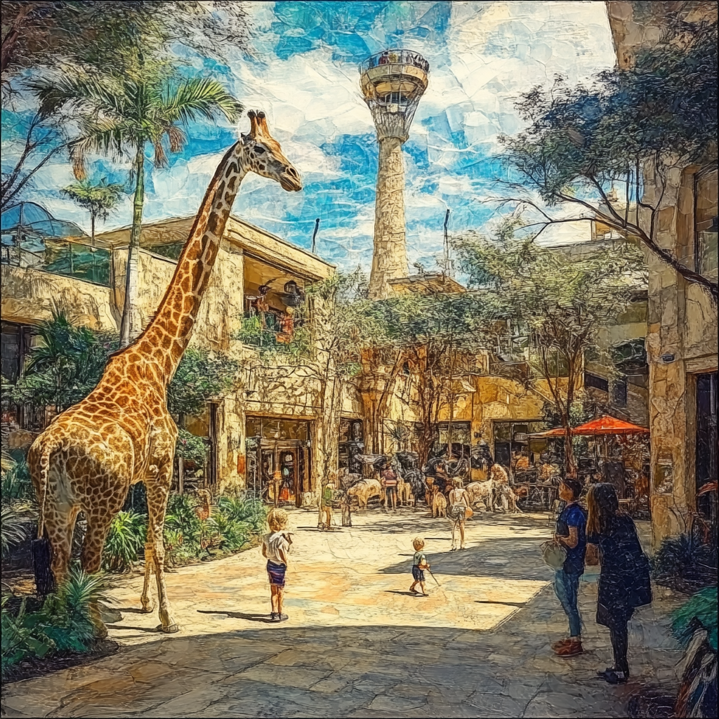 A painting of zoo with no animals or people.