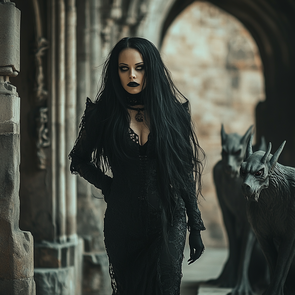 A pale vampire woman with long hair in castle.