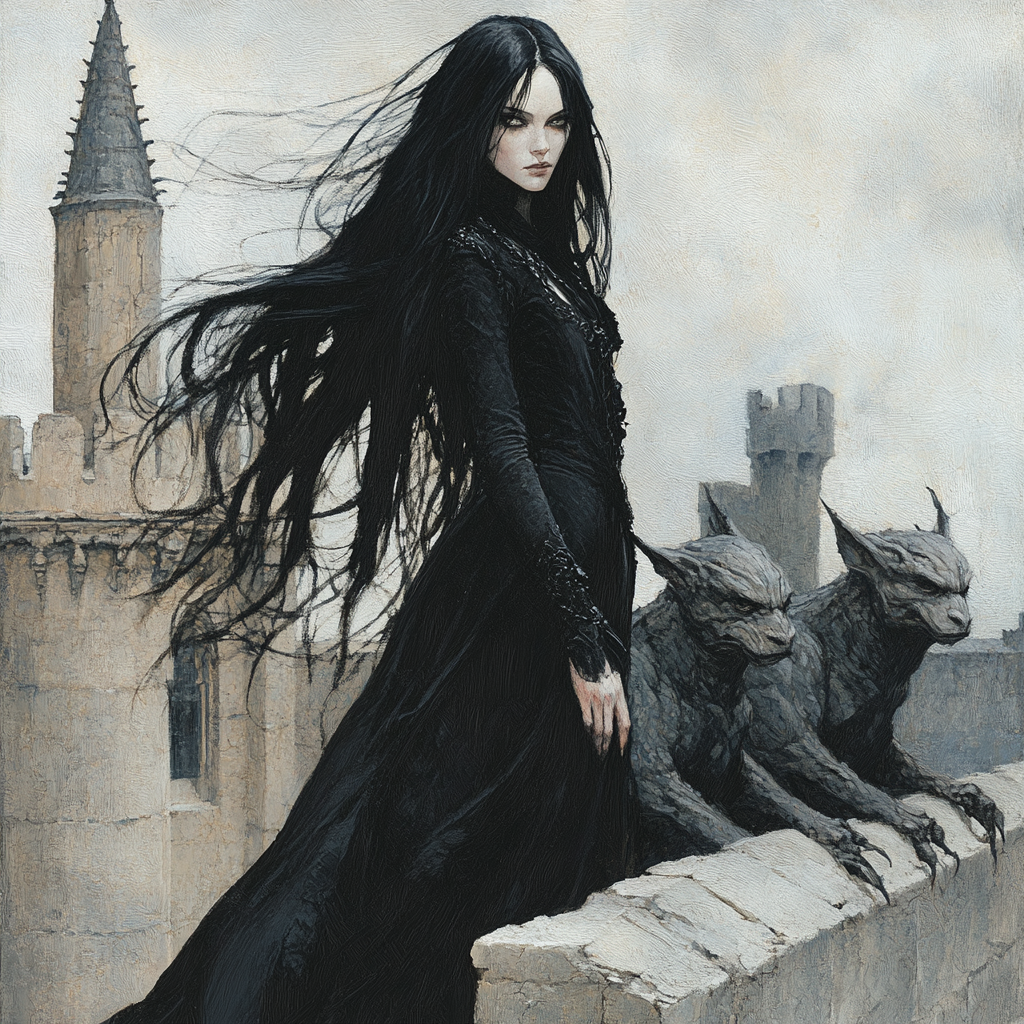 A pale woman with long black hair on castle.