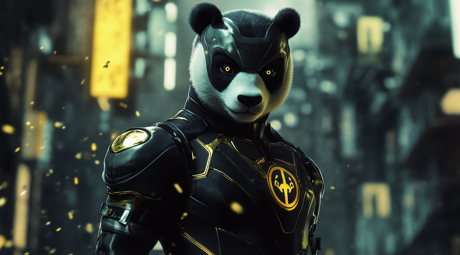 A panda superhero in black and gold costume