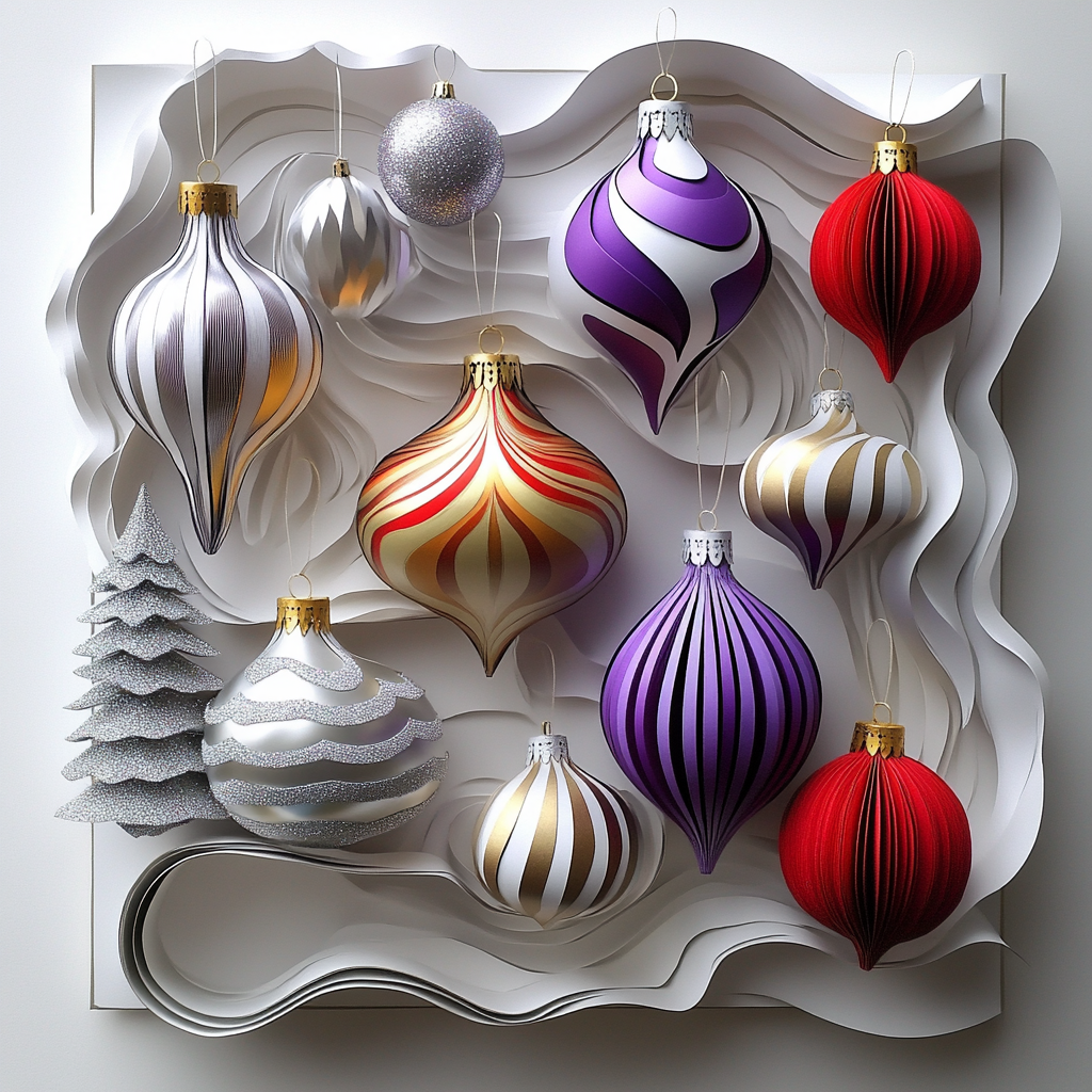 A paper diorama with silver, purple, red, gold