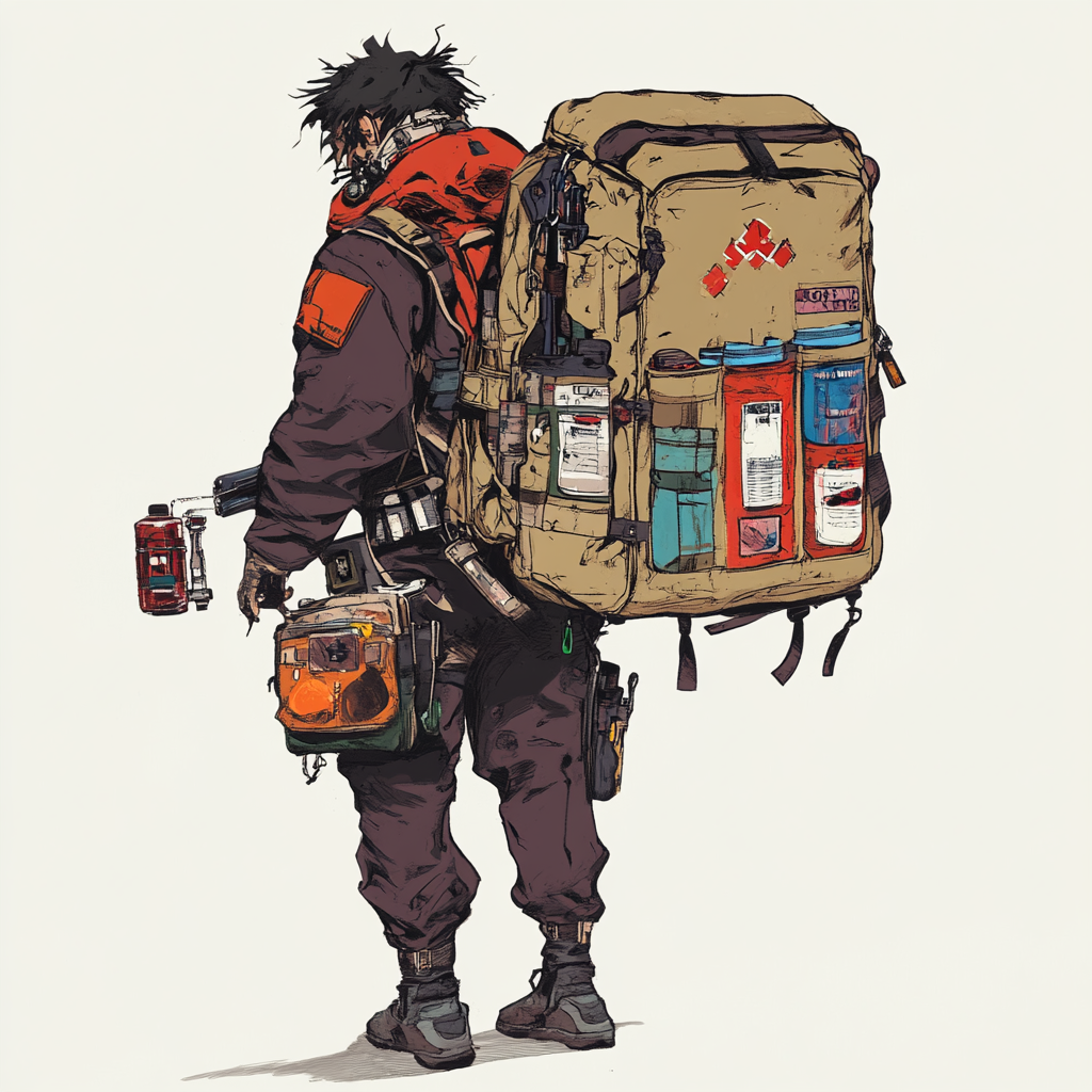 A paramedic in post-apocalyptic world with medical supplies.