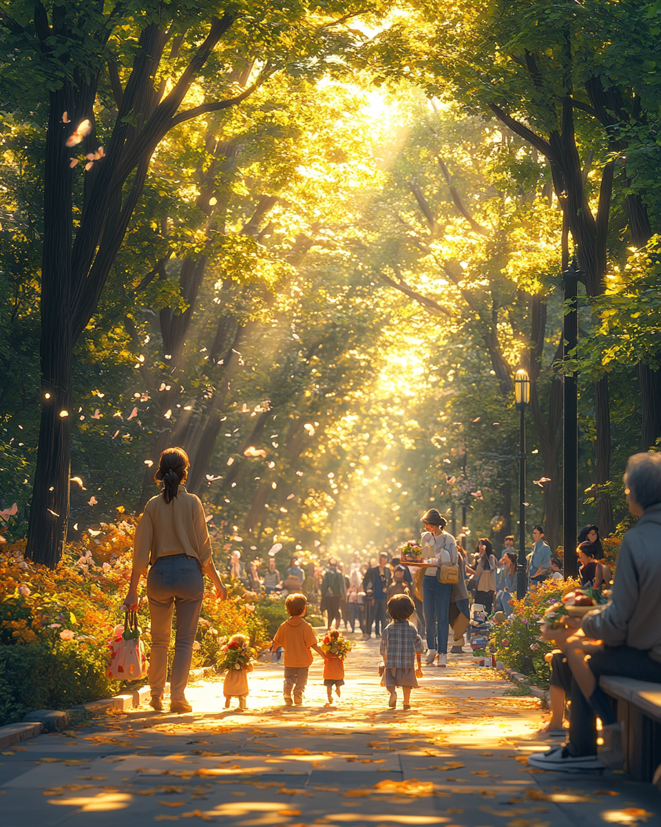 A park with diverse people helping each other.