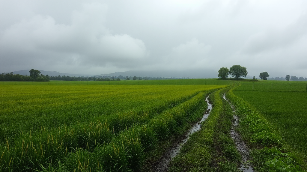 A path through a wet countryside field.