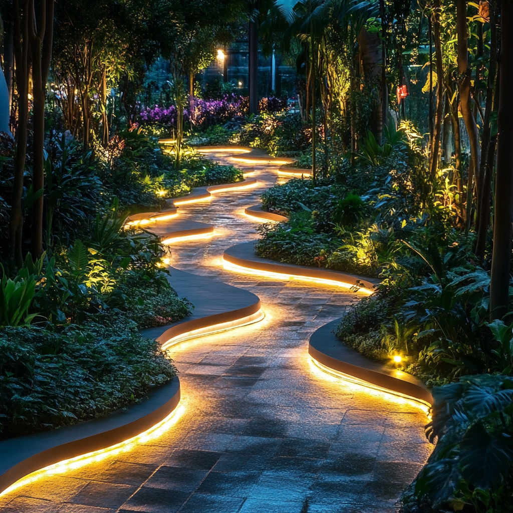 A pathway with wavy garden plants and lights