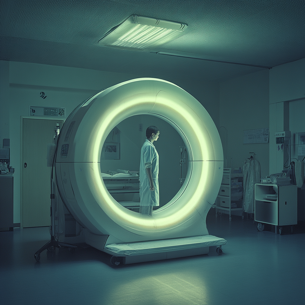 A patient standing in hospital room for X-ray.