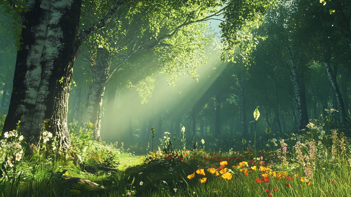 A peaceful, sunlit forest filled with life