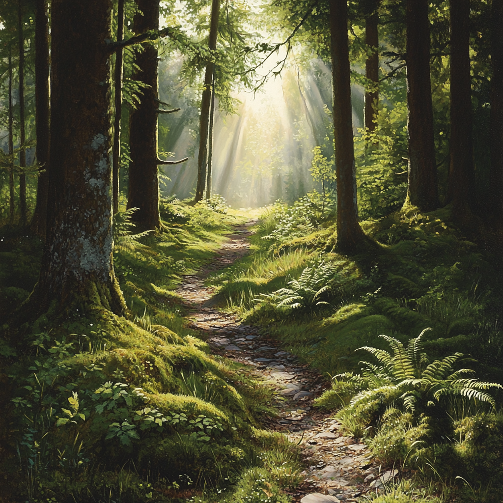 A peaceful forest path with sunlight and ferns.