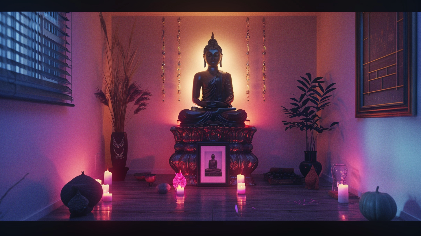 A peaceful home altar with warm lighting.